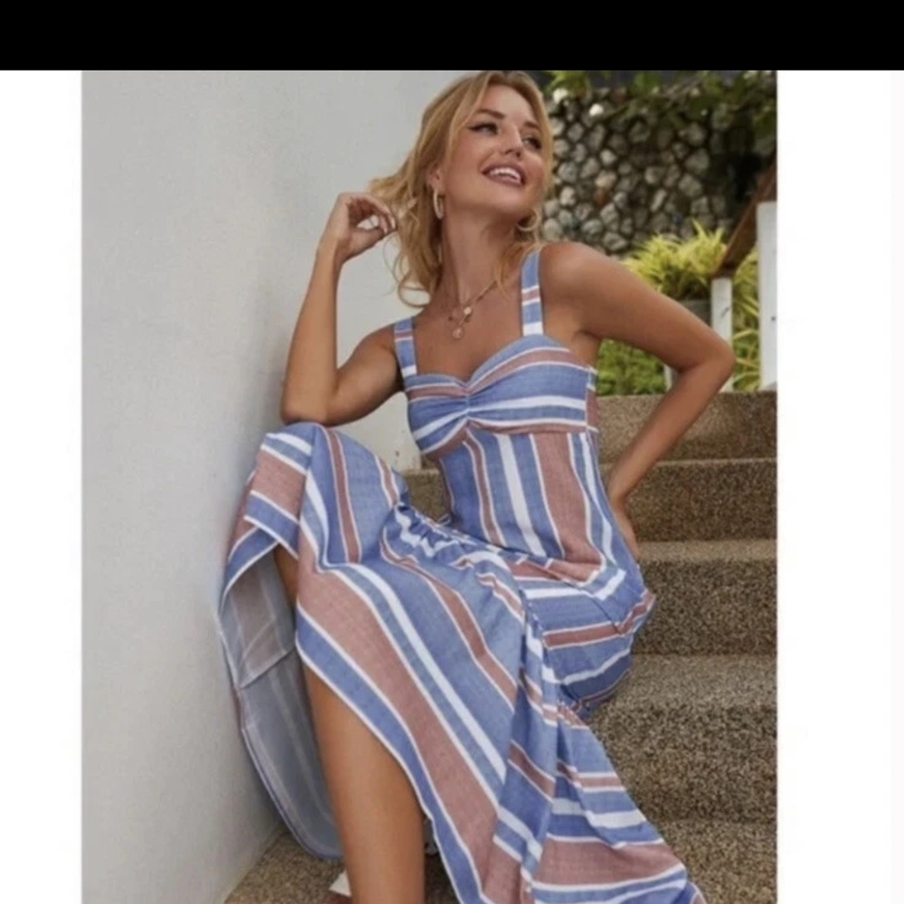 Zara Linen Striped Midi Dress
